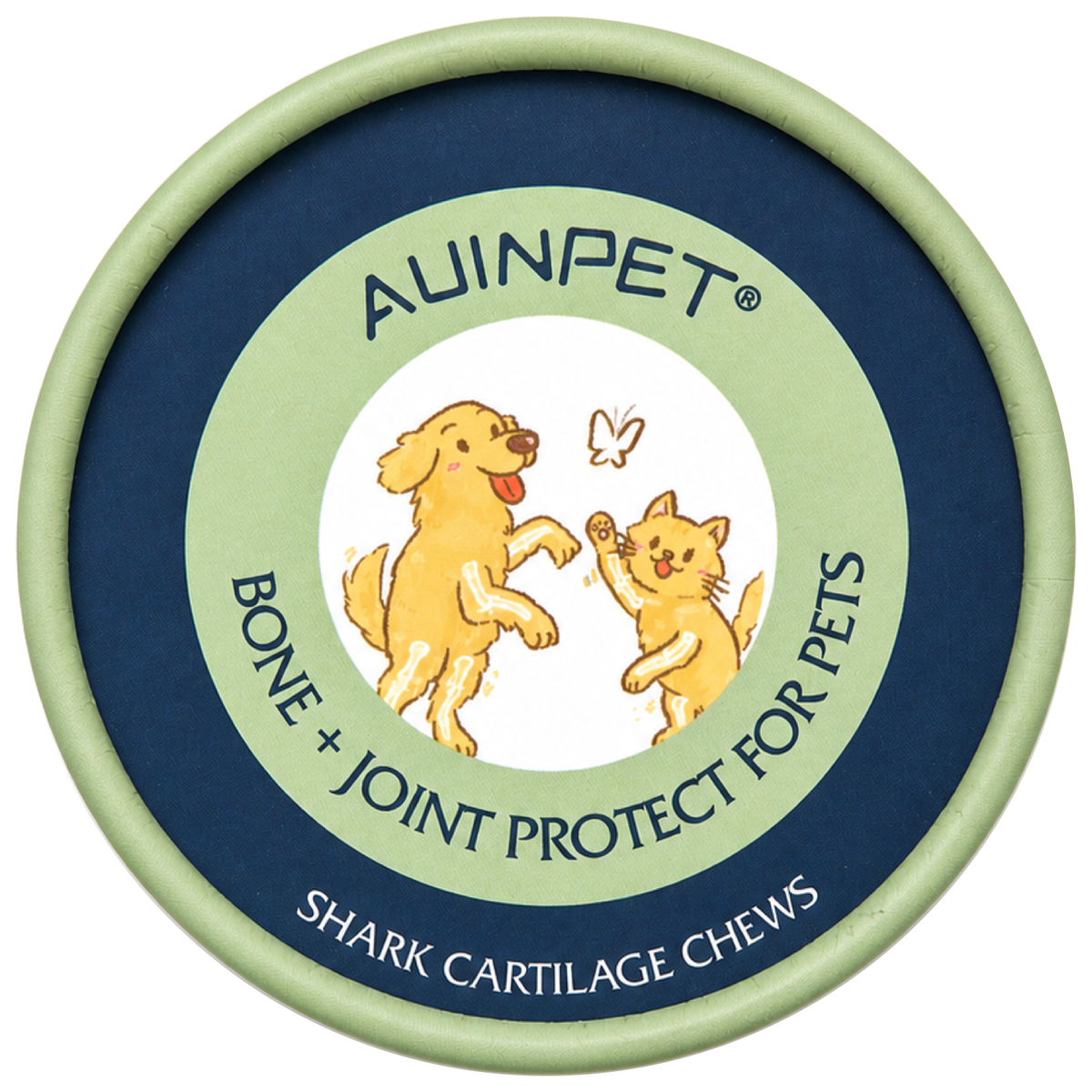 Auinpet Bone + Joint Protect lid from above, cartoon dog and cat on the shark cartilage chews label