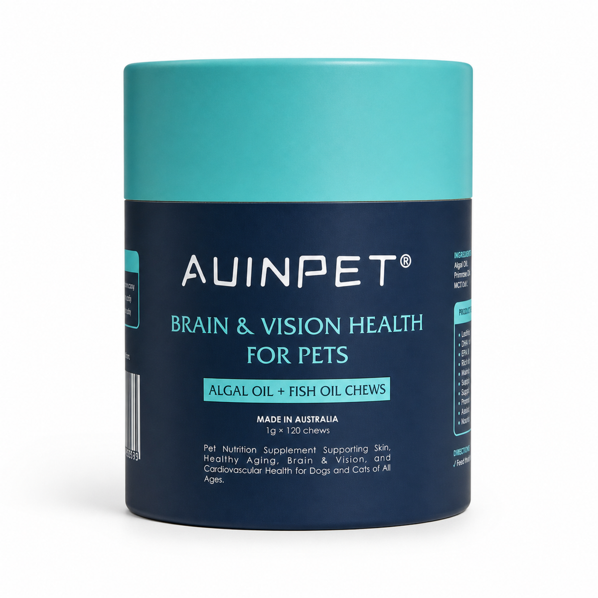 Front of the Auinpet Brain & Vision Health for Pets tube of algal oil and fish oil chews, made in Australia