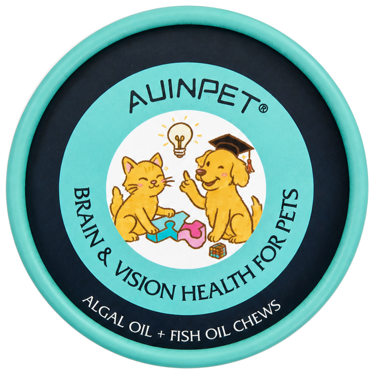 Auinpet Brain & Vision Health for Pets lid from above, cartoon cat and dog on the algal and fish oil label