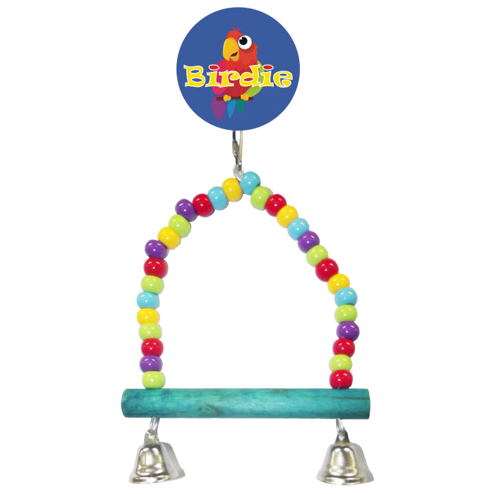 Birdie Medium Beaded Swing, coloured beads along the perch bar with bells hanging below