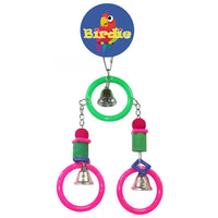 Birdie hanging bird toy with three plastic rings threaded with wooden blocks and bells