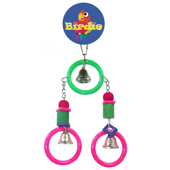 Birdie hanging bird toy with three plastic rings threaded with wooden blocks and bells