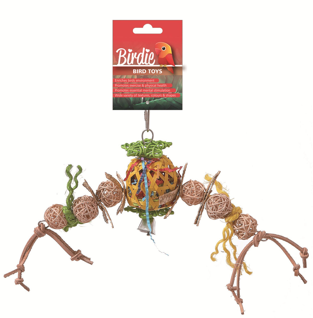 Birdie Foraging Pineapple toy on its red Birdie card, woven pineapple body on splayed vine arms with rattan balls