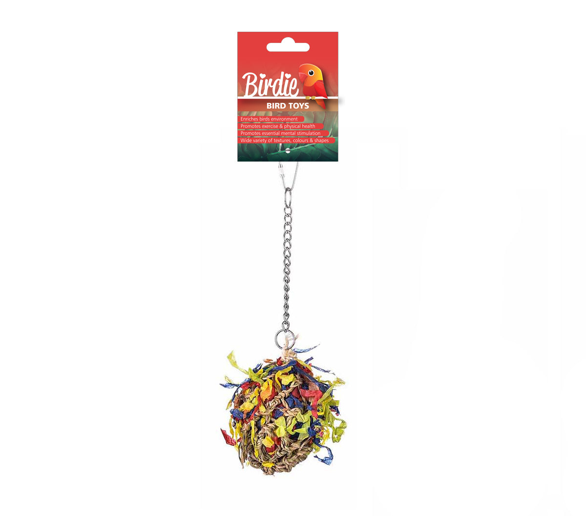 Birdie Foraging Super Shredder Ball in the small 13 x 8cm size, shreddable strands packed into a ball