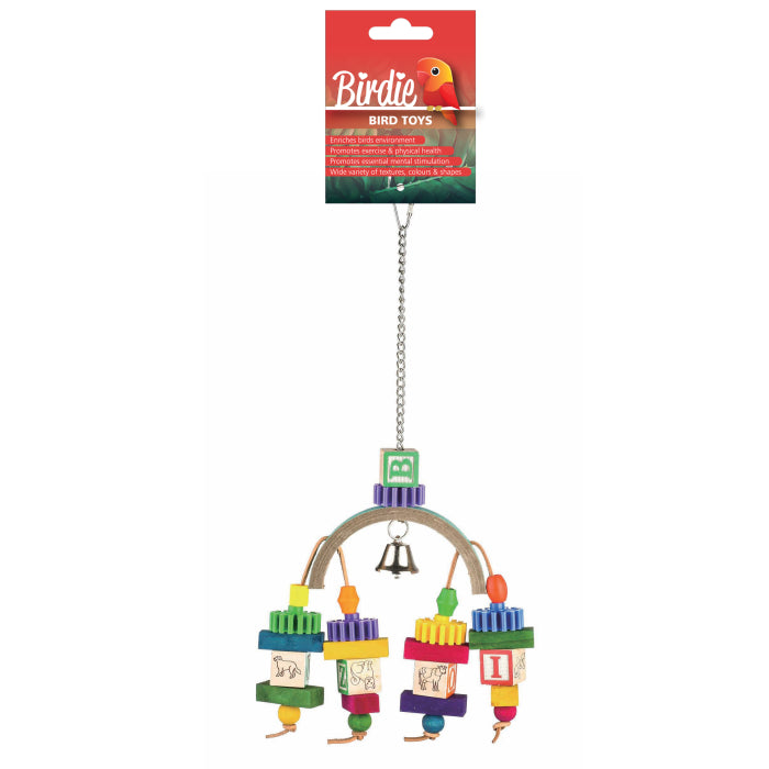Birdie Rainbow Bridge bird toy, 36cm bridge of coloured blocks strung side by side