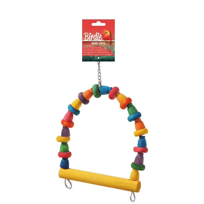 Birdie Rainbow Block with Spool Swing, coloured blocks and spools on a swing bar