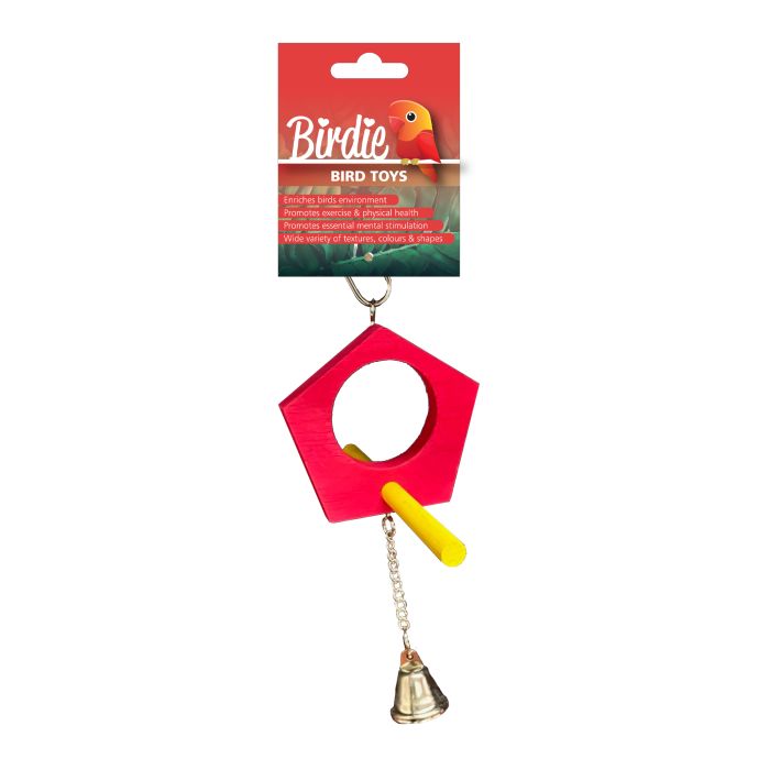 Birdie Crimson Moon Swing, a crescent-shaped crimson bird swing with a bell below