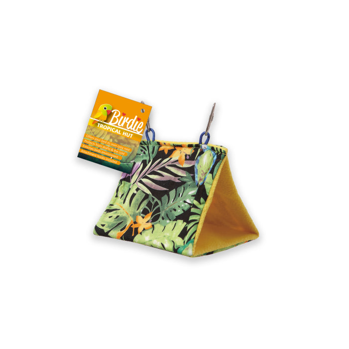 Birdie Tropical Bird Hut in printed cotton with a fleece-lined entry opening