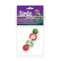 Birdie Foot Barbell Toy with acrylic rings stacked along the short bar