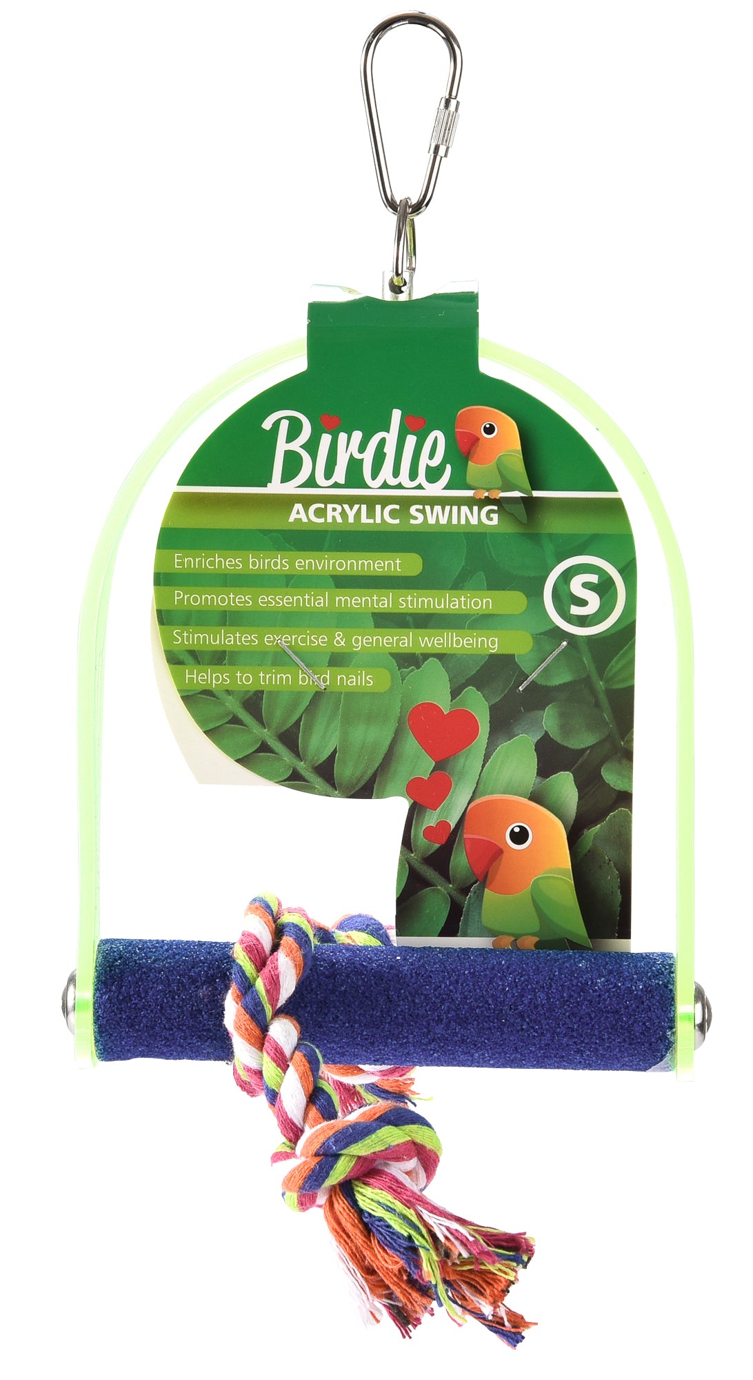 Birdie Cement Swing in Small on its green Acrylic Swing card, a blue cement perch on a clear frame with a rope tassel