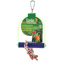 Birdie Cement Swing in the Small size, cement perch slung inside a clear acrylic frame
