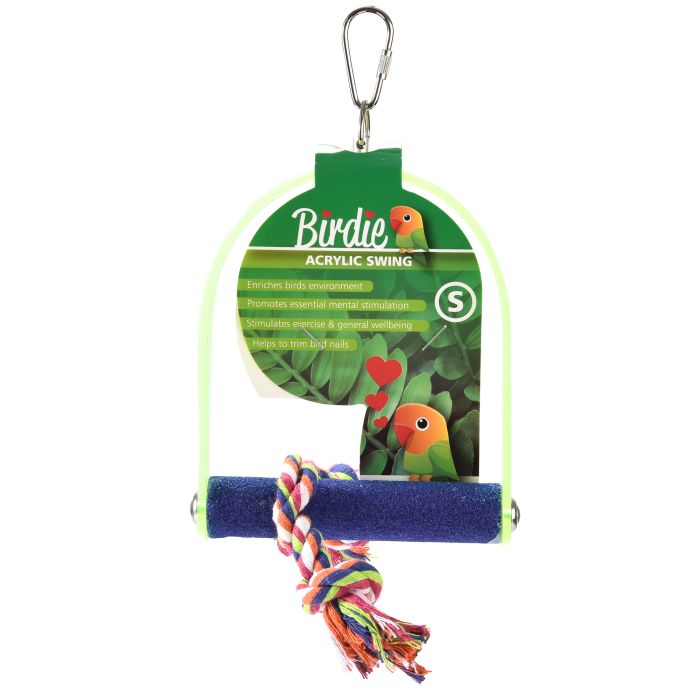 Birdie Cement Swing in the Small size, cement perch slung inside a clear acrylic frame