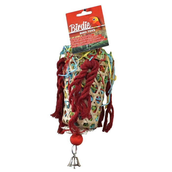 Birdie Rattan Lantern bird toy woven in red and blue with a bell inside