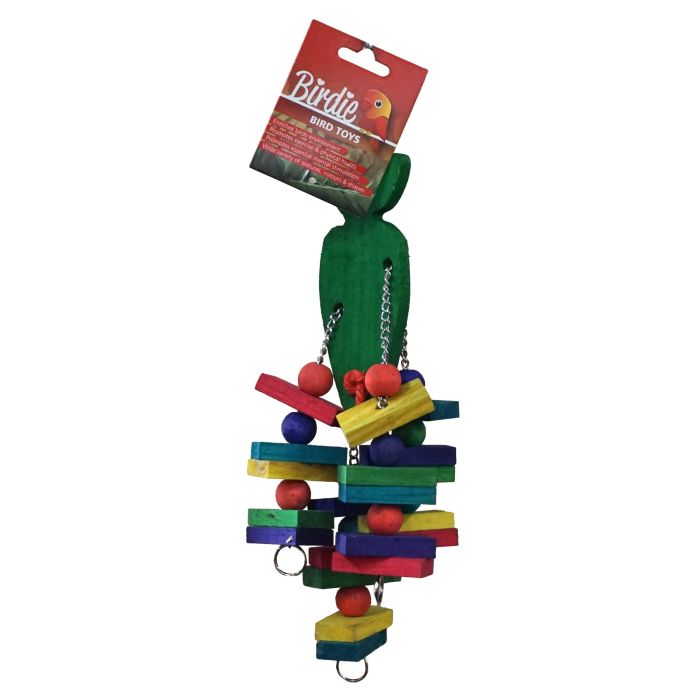 Birdie Carrot Pile bird toy, tapered carrot of stacked wood pieces on a metal chain
