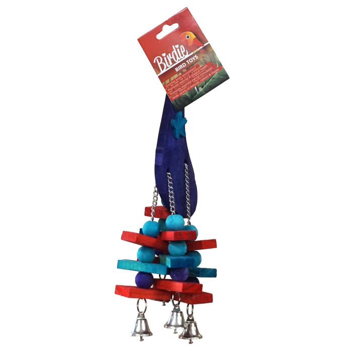 Birdie Eggplant Pile in Medium/Large, wooden eggplant shapes on a metal chain with bells below