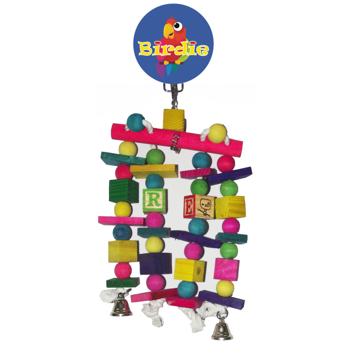 Birdie Large Multi Bead Block and Bells with bells hanging at the base of the strand
