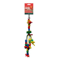 Birdie Plastic Hanging Beads, strands of chunky coloured plastic beads hanging in a cage