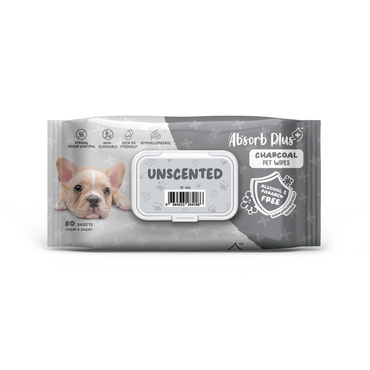 Packaging front, Absorb Plus pet wipes, Unscented