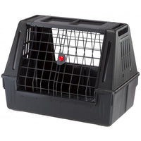 Ferplast Atlas Car Scenic dog carrier in dark grey with a wire mesh door and red latch