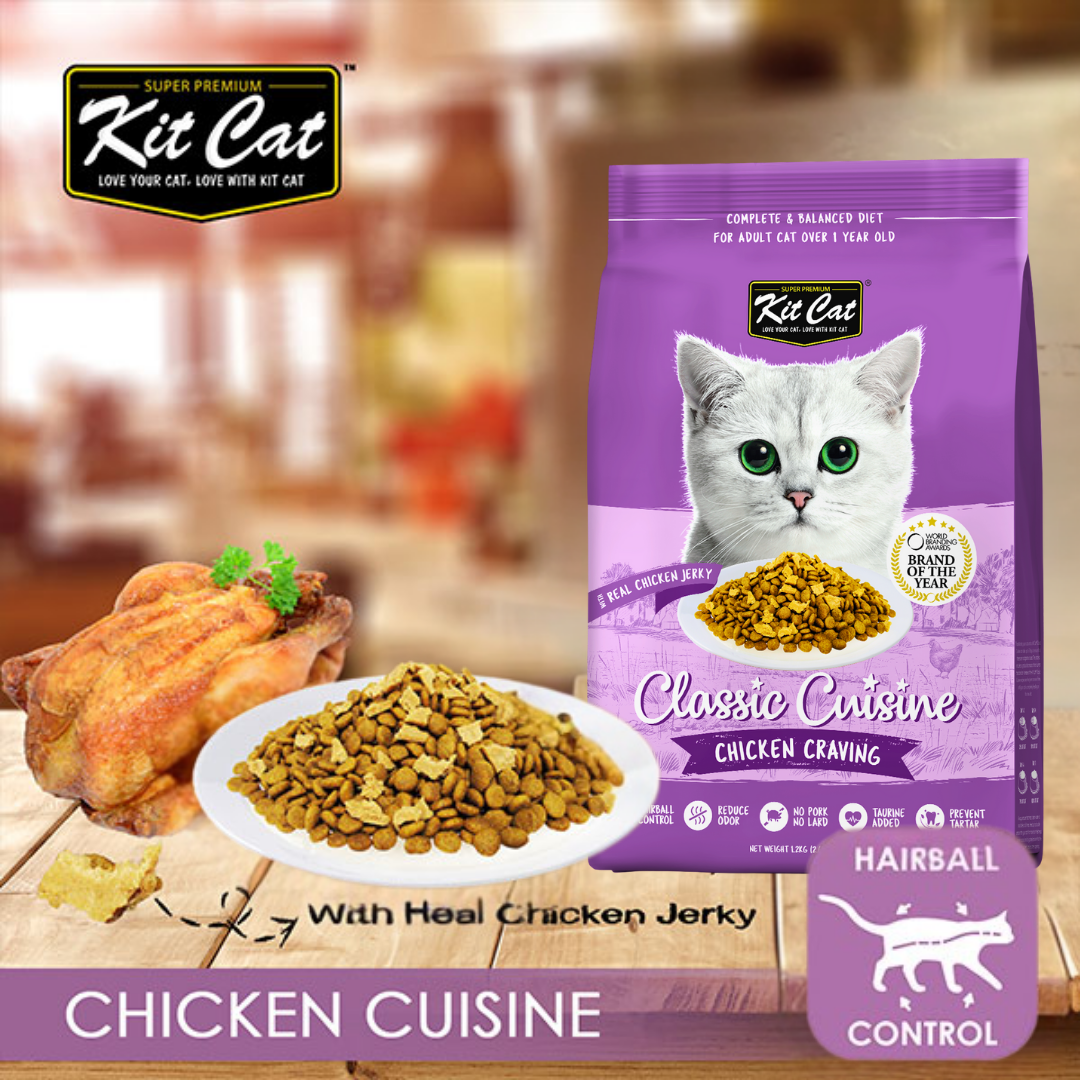 Kit Cat Chicken Cuisine dry cat food with real chicken jerky banner