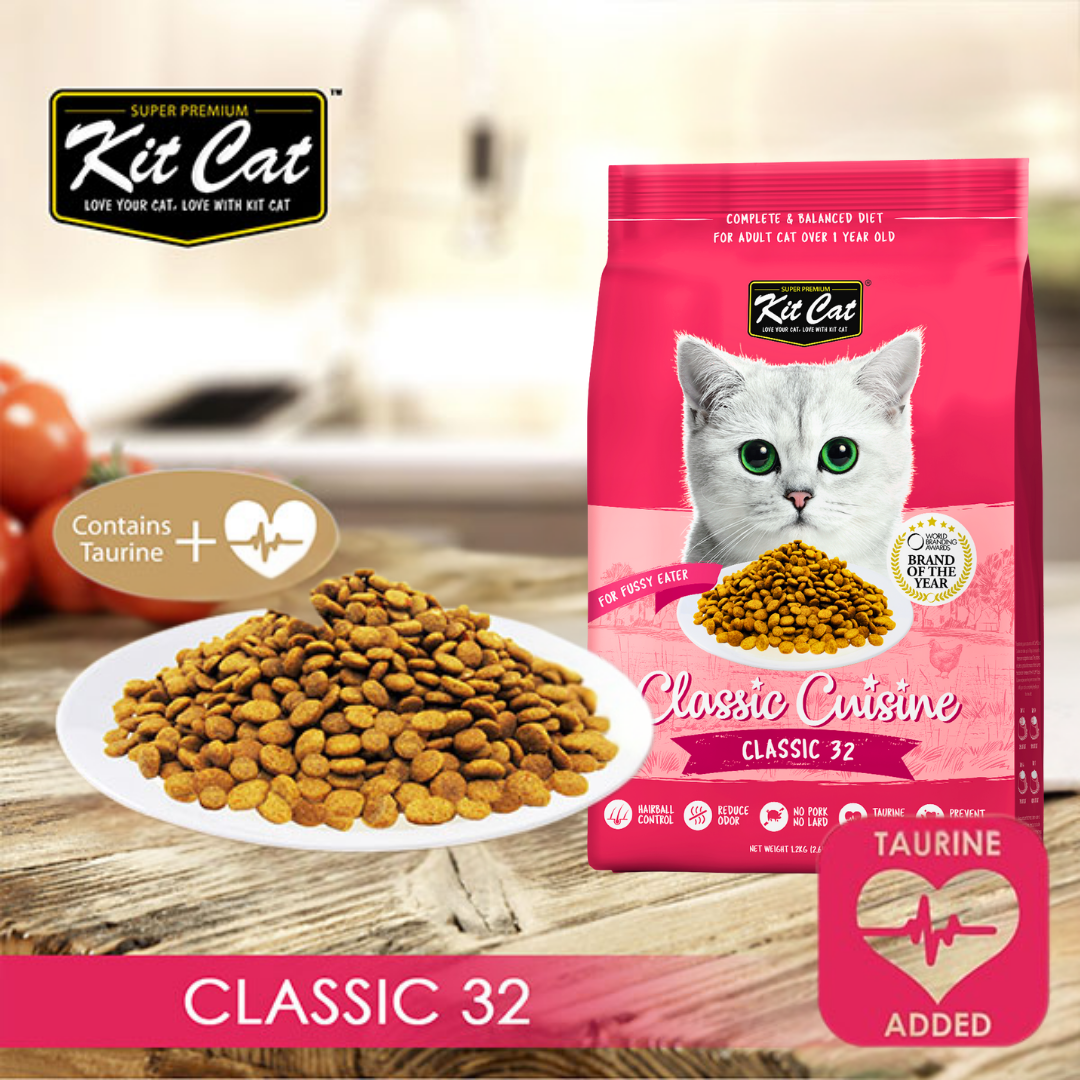Kit Cat Classic 32 taurine added dry cat food banner