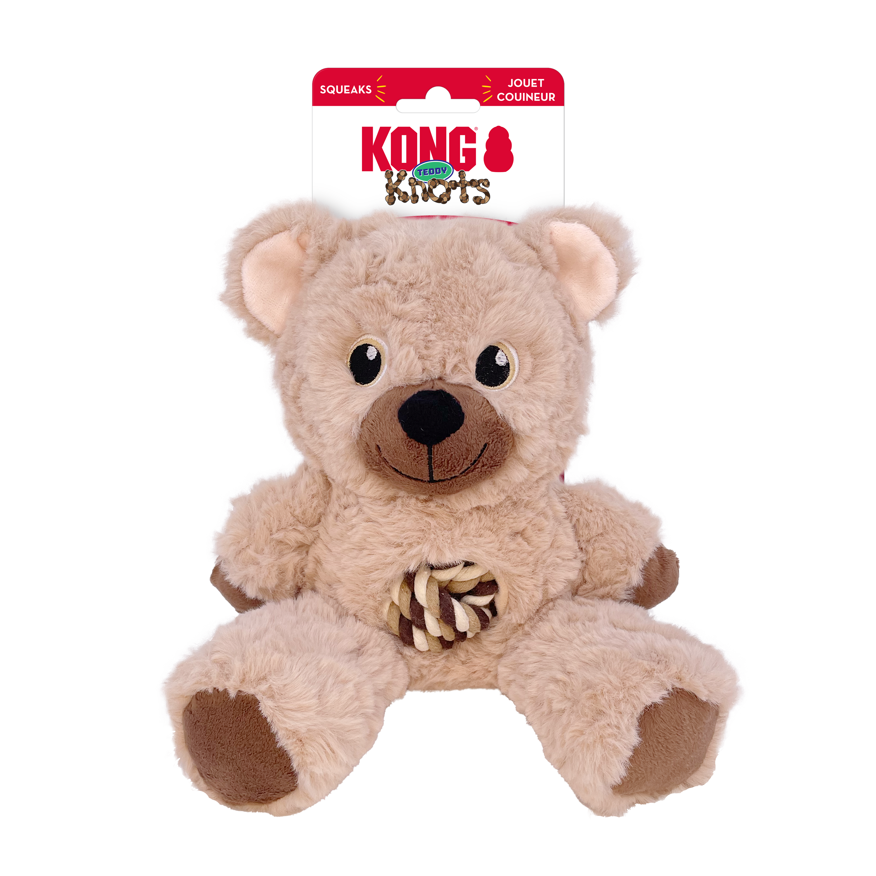 KONG Dog Toys Knots Teddy Assorted shown in its retail packaging, alternate angle