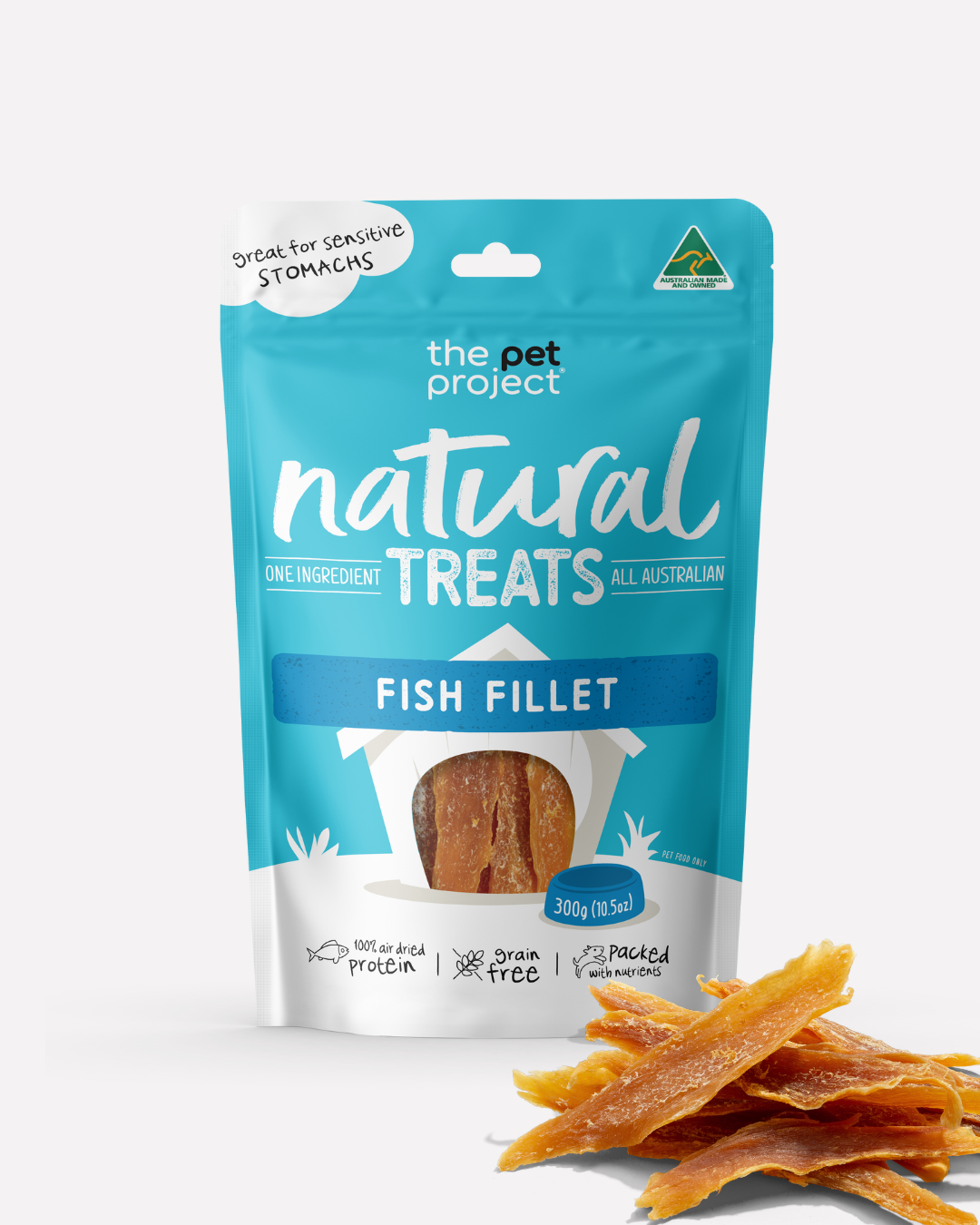 The Pet Project Australian Fish Fillets dog treats 300g – front of pack