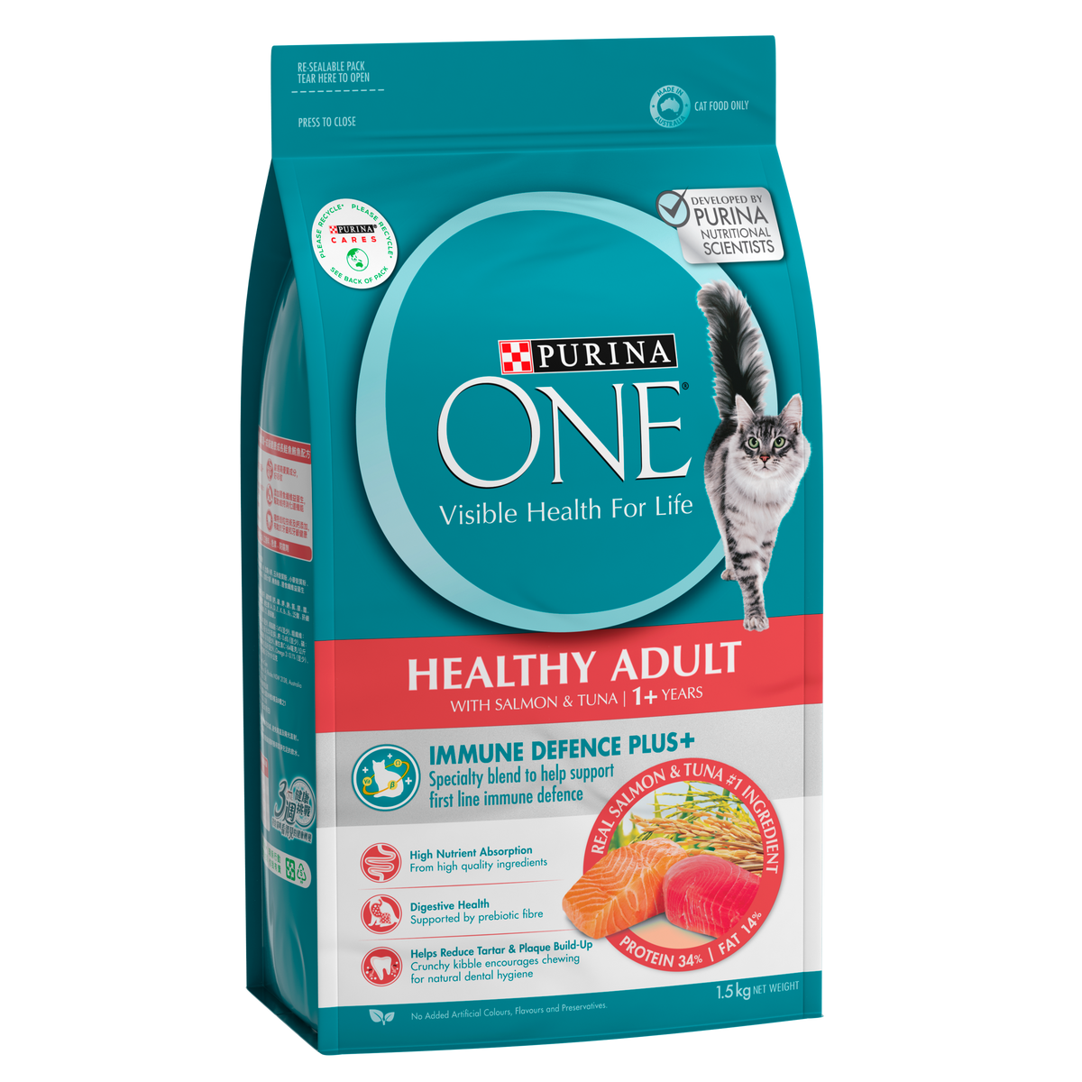 Purina One Adult Healthy Salmon and Tuna dry cat food bag front of pack