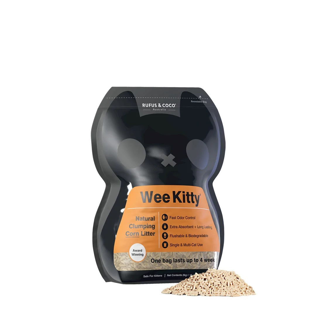 Rufus & Coco Wee Kitty natural clumping corn cat litter bag, front of pack