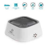 All Fur You 1L Spill Proof Dog Bowl, white with a grey floating disc, shown with feature icons