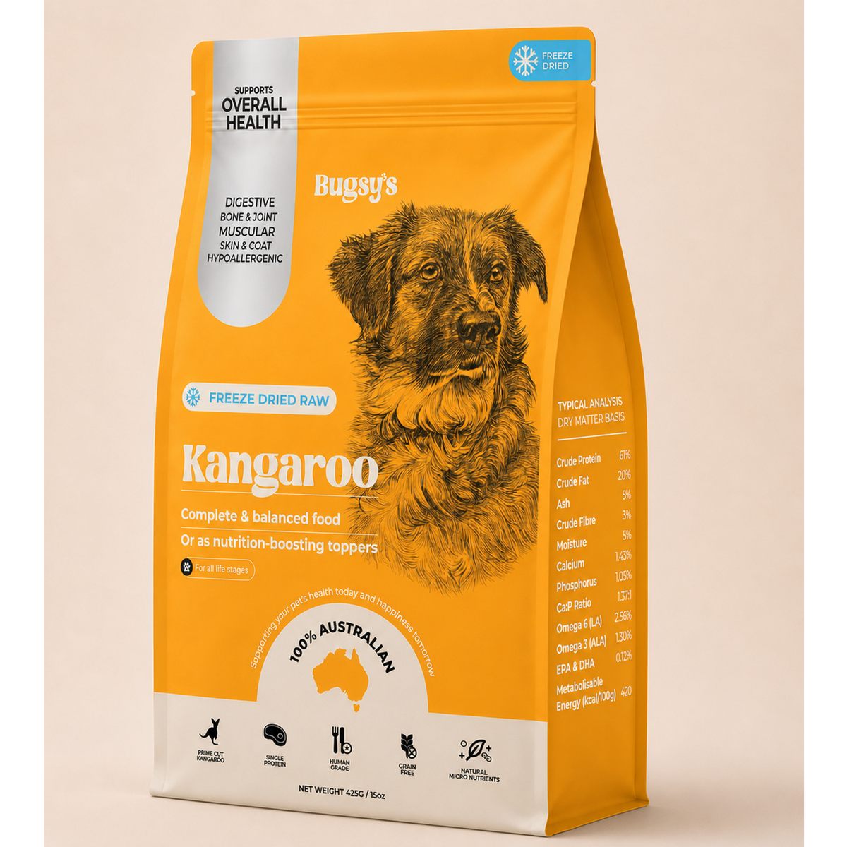 Bugsy's Premium Freeze Dried Raw Dog Food Kangaroo 132g
