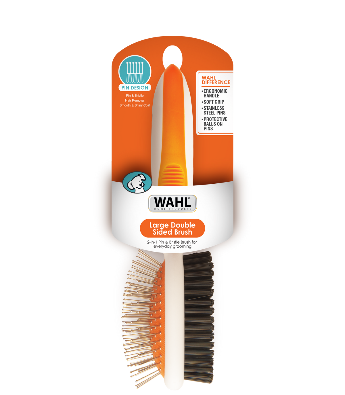 Wahl double sided pin and bristle dog brush, large, on its retail card