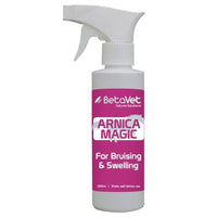 BetaVet Arnica Magic for bruising and swelling, a 250ml trigger spray bottle with a magenta label