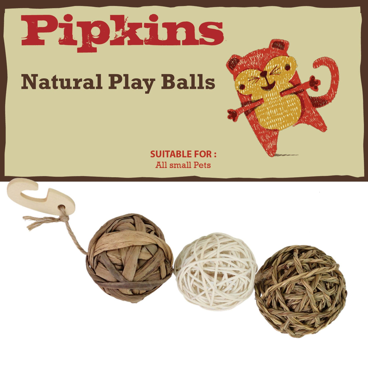 Pipkins Small Pet Natural Play Balls wicker seagrass and jute 3 pack