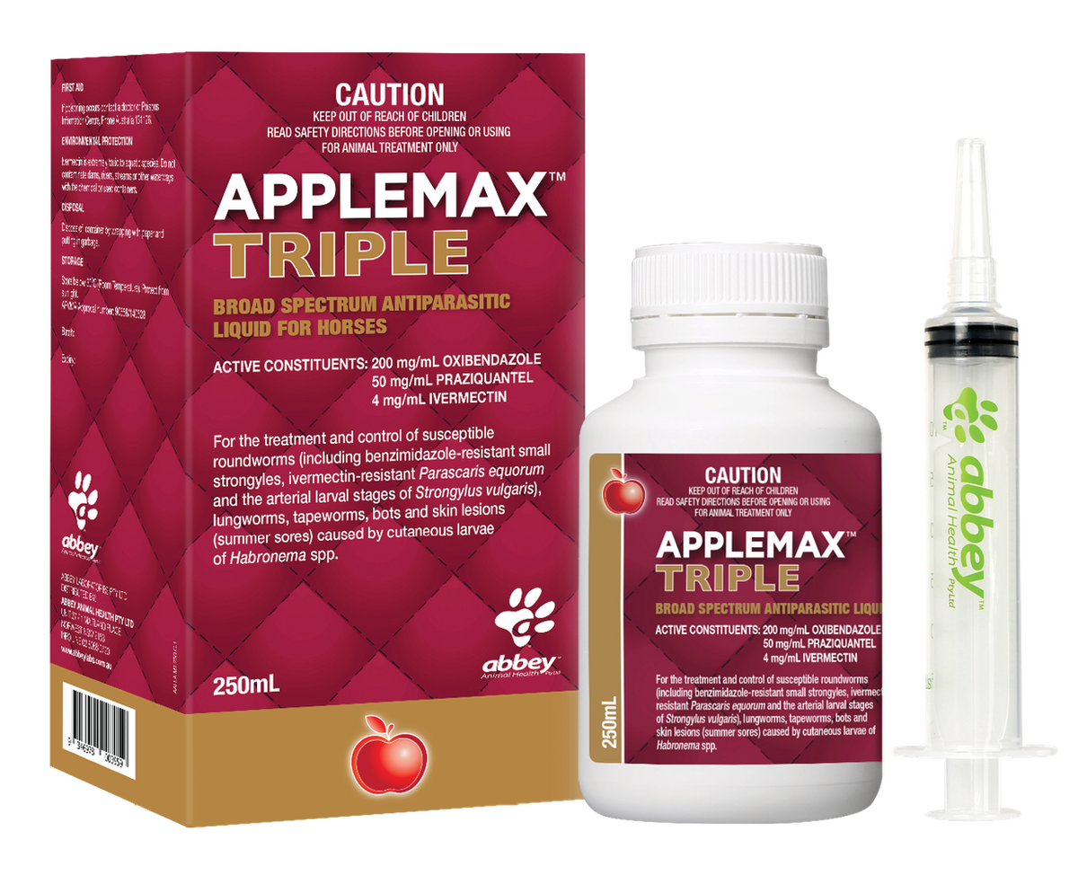 Abbey Animal Health Applemax Triple Broad Spectrum Antiparasitic Liquid For Horses 250ml product packaging