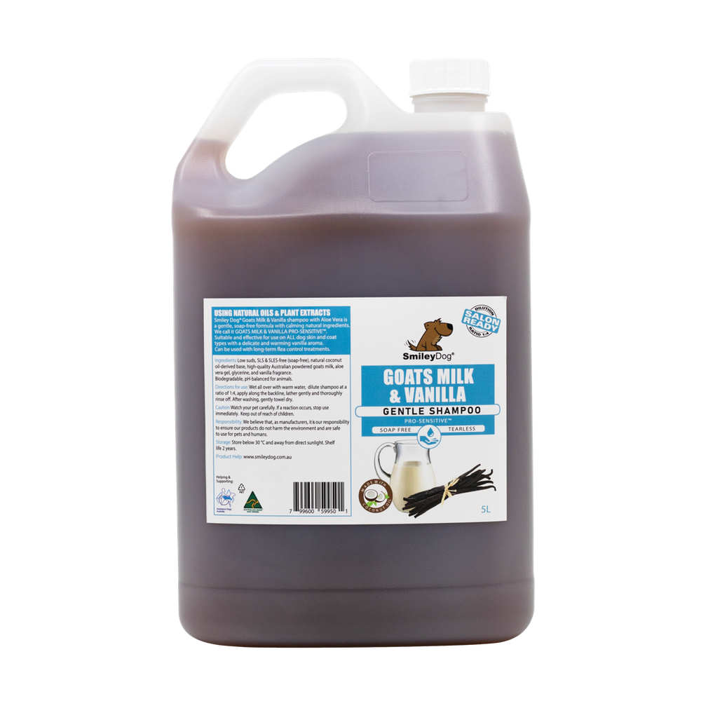 Smiley Dog Goats Milk & Vanilla Pro-Sensitive Shampoo - 5L | PeekAPaw Pet Supplies