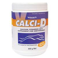 Virbac Calci-D calcium with vitamins A and D for greyhounds, 850g tub, front of pack