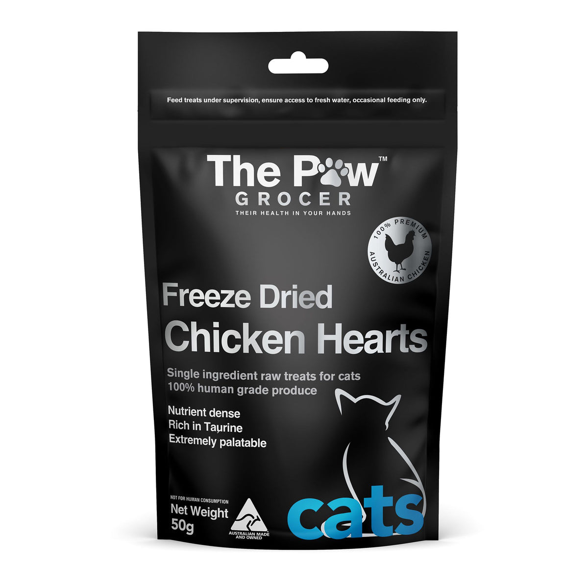 The Paw Grocer Freeze Dried Cat Treats Black Label Chicken Hearts pack front