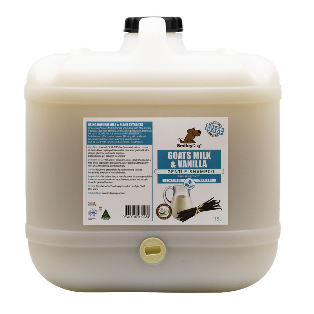 Smiley Dog Goats Milk & Vanilla Pro-Sensitive Shampoo - 15L | PeekAPaw Pet Supplies