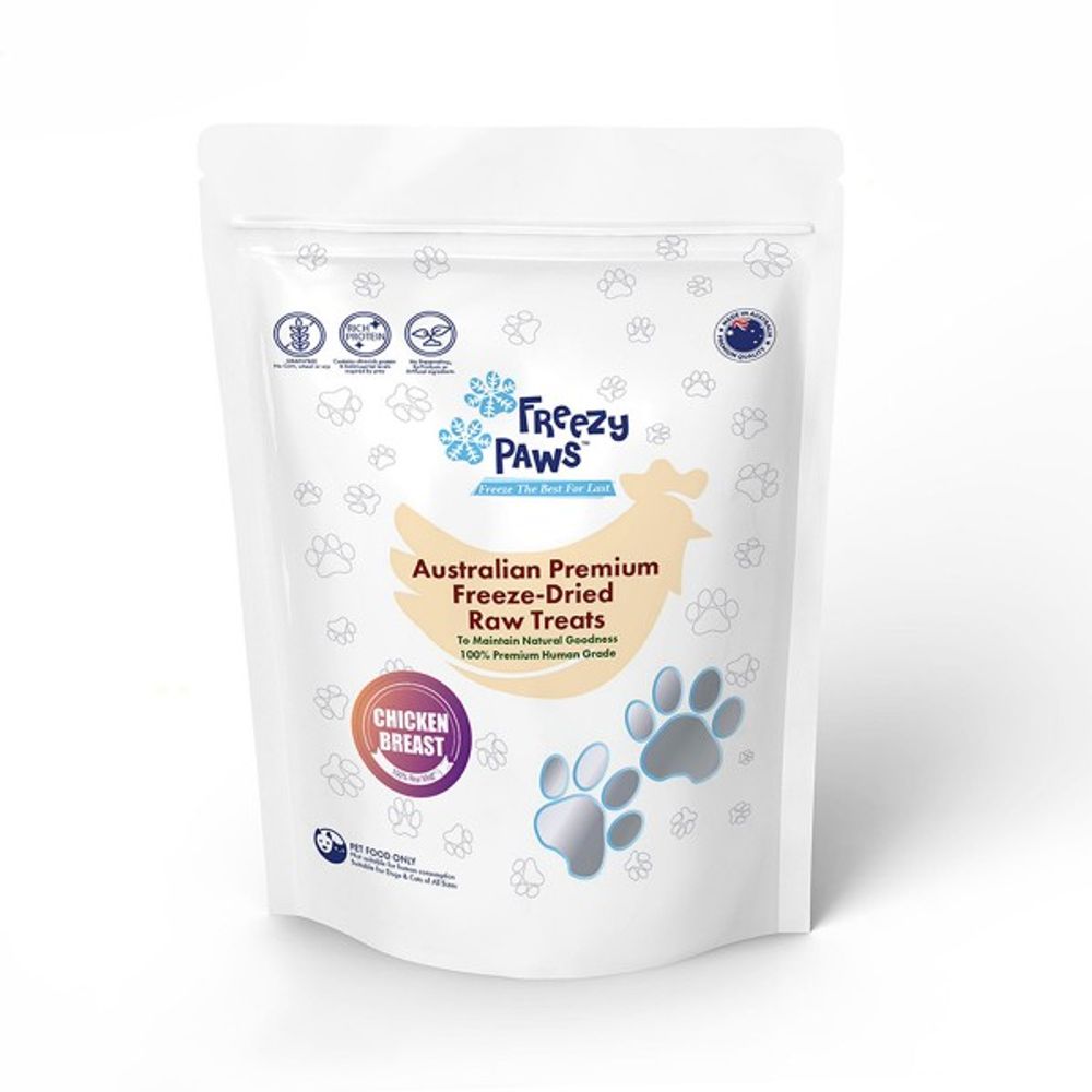 Freezy Paws Freeze Dried Chicken Breast pet treats, front of the current 100g pouch