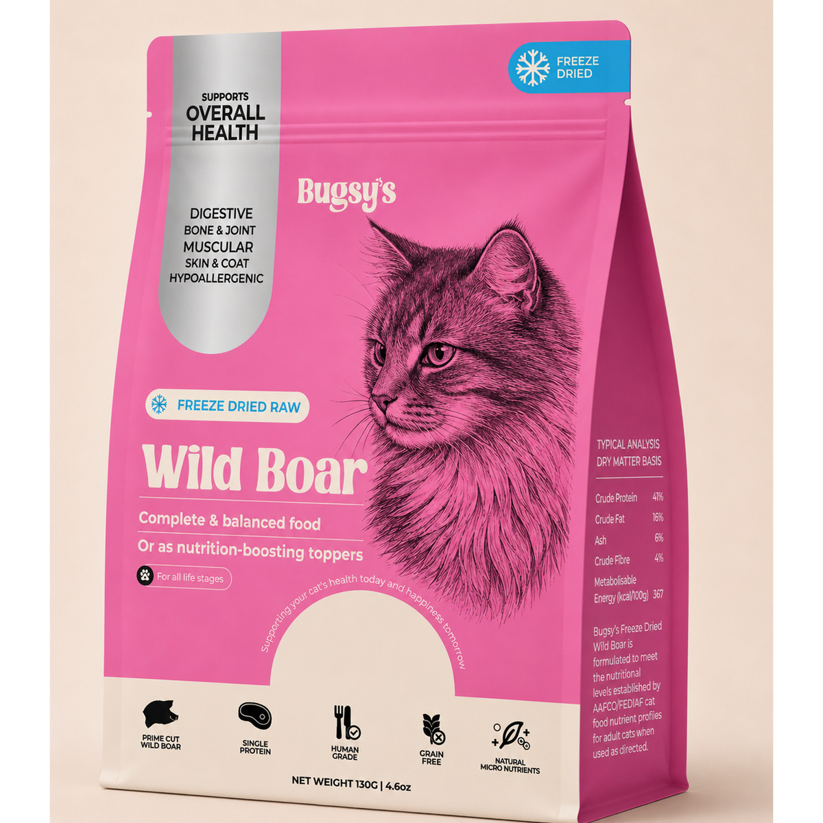 Bugsy's Premium Freeze Dried Raw Cat Food Wild Boar 132g
