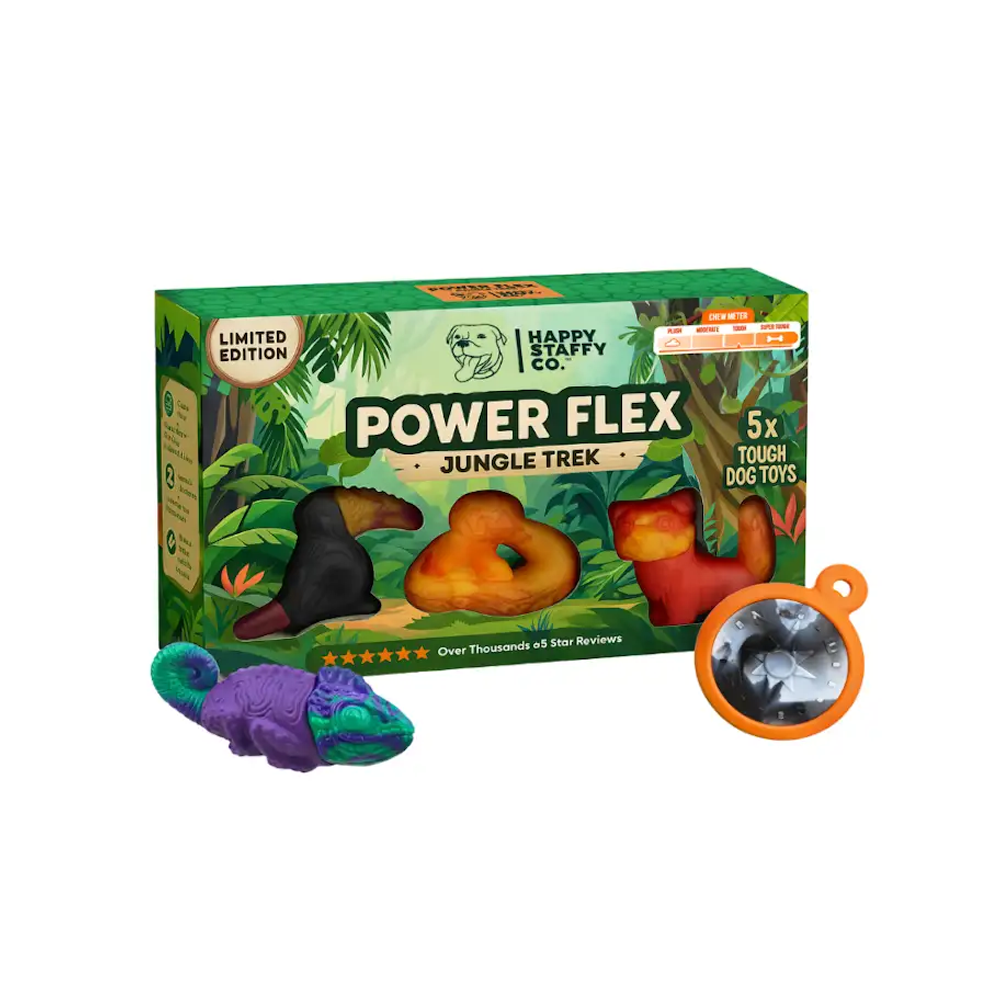 Happy Staffy Co Power Flex Jungle Trek limited edition box of five tough dog toys