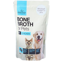 The Art of Whole Food Bone Broth for Pets, chicken pouch with a cat and a retriever