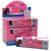 Virbac Equimax LV oral paste for horses, retail display carton with a syringe