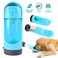 Blue All Fur You portable dog water bottle shown open and in use by a dog, with feature icons