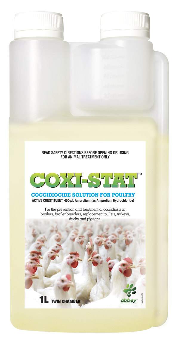 Abbey Animal Health Coxi-Stat Coccidiocide Solution For Poultry 1L product packaging
