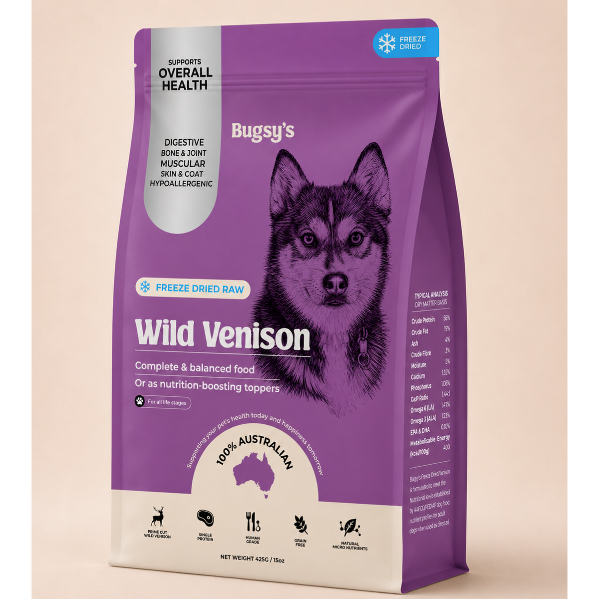 Bugsy's Premium Freeze Dried Raw Dog Food Venison 425g