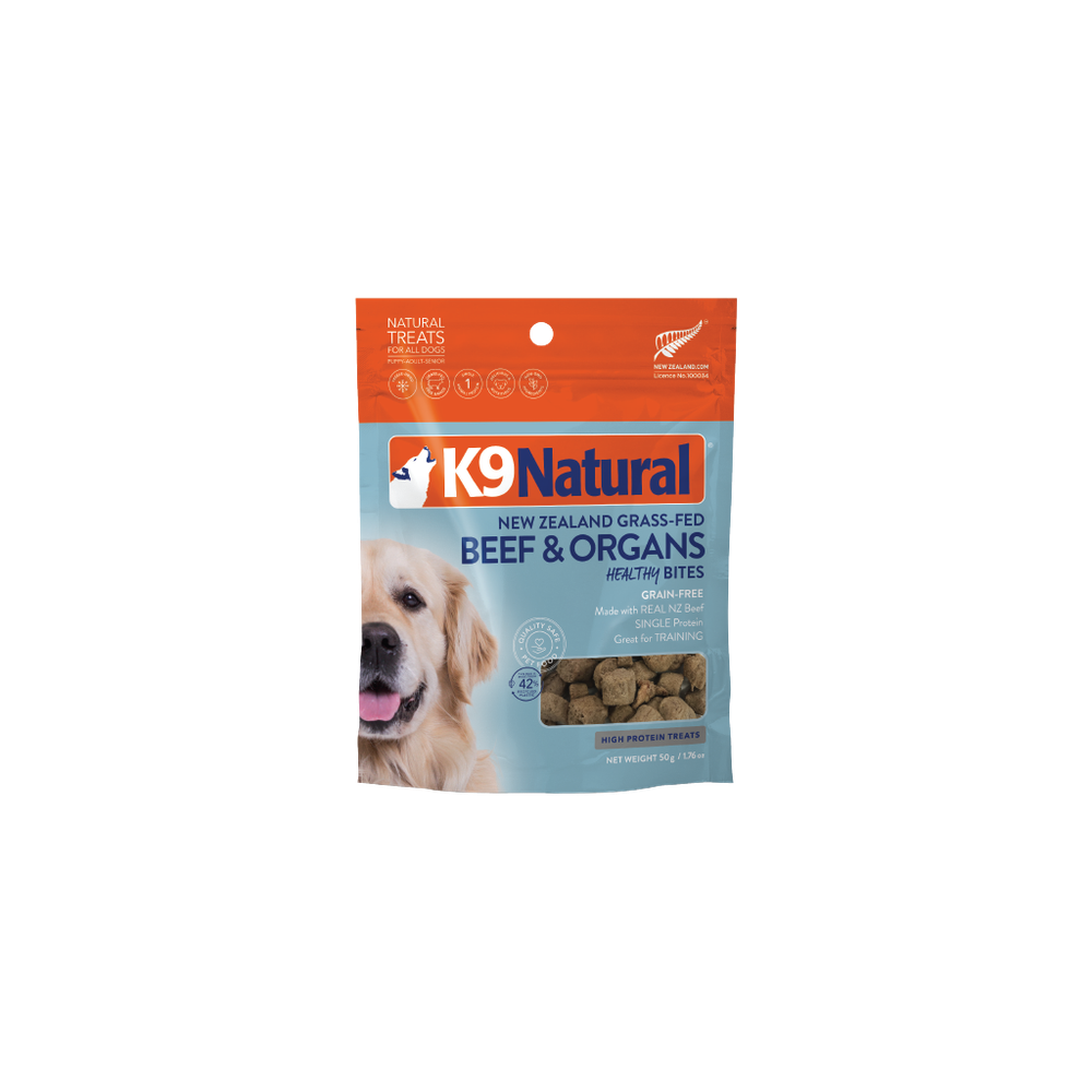 K9 Natural Beef & Organs Healthy Bites, front of the current 50g freeze-dried treat pouch