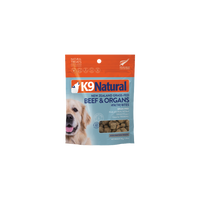K9 Natural Beef & Organs Healthy Bites, front of the current 50g freeze-dried treat pouch