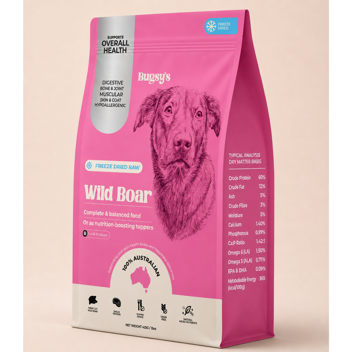 Bugsy's Premium Freeze Dried Raw Dog Food Wild Boar 1.1kg